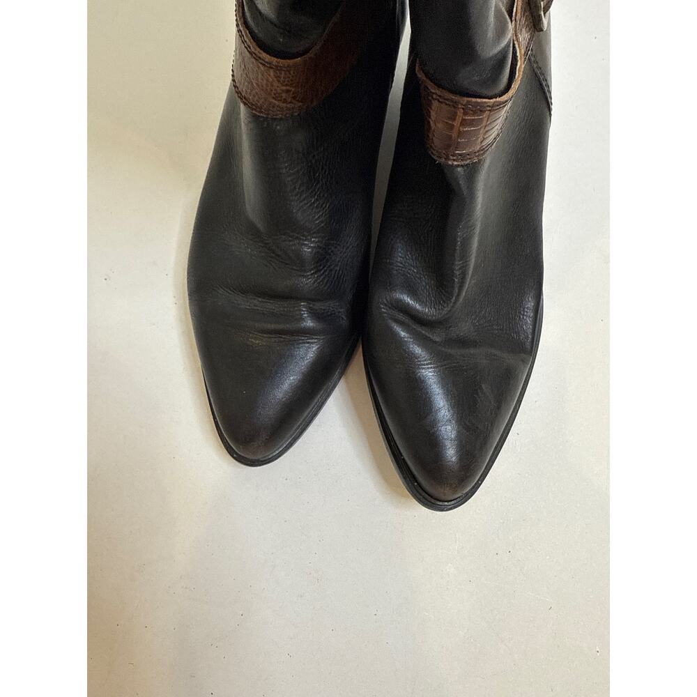 Bandolino Italian Mid Calf Leather Brown Black Boots Belt Reptile Texture Sz 8 - Picture 8 of 10